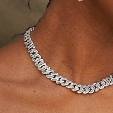 Luminous Diamond Prong Cuban Necklace in White Gold - 12MM