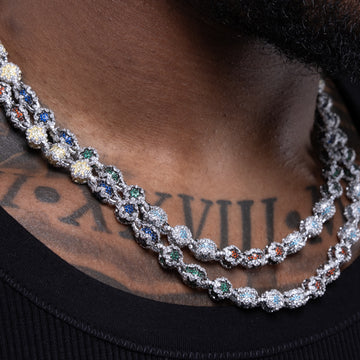 GLD X Malik Nabers Iced Multi Color Ball Chain in White Gold - 8MM