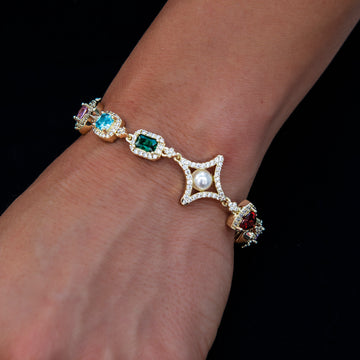 Colored Gemstone Pearl Bracelet in Yellow Gold