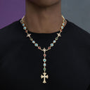 Collar de cadena de rosario de perlas y piedras preciosas de colores en oro amarillo