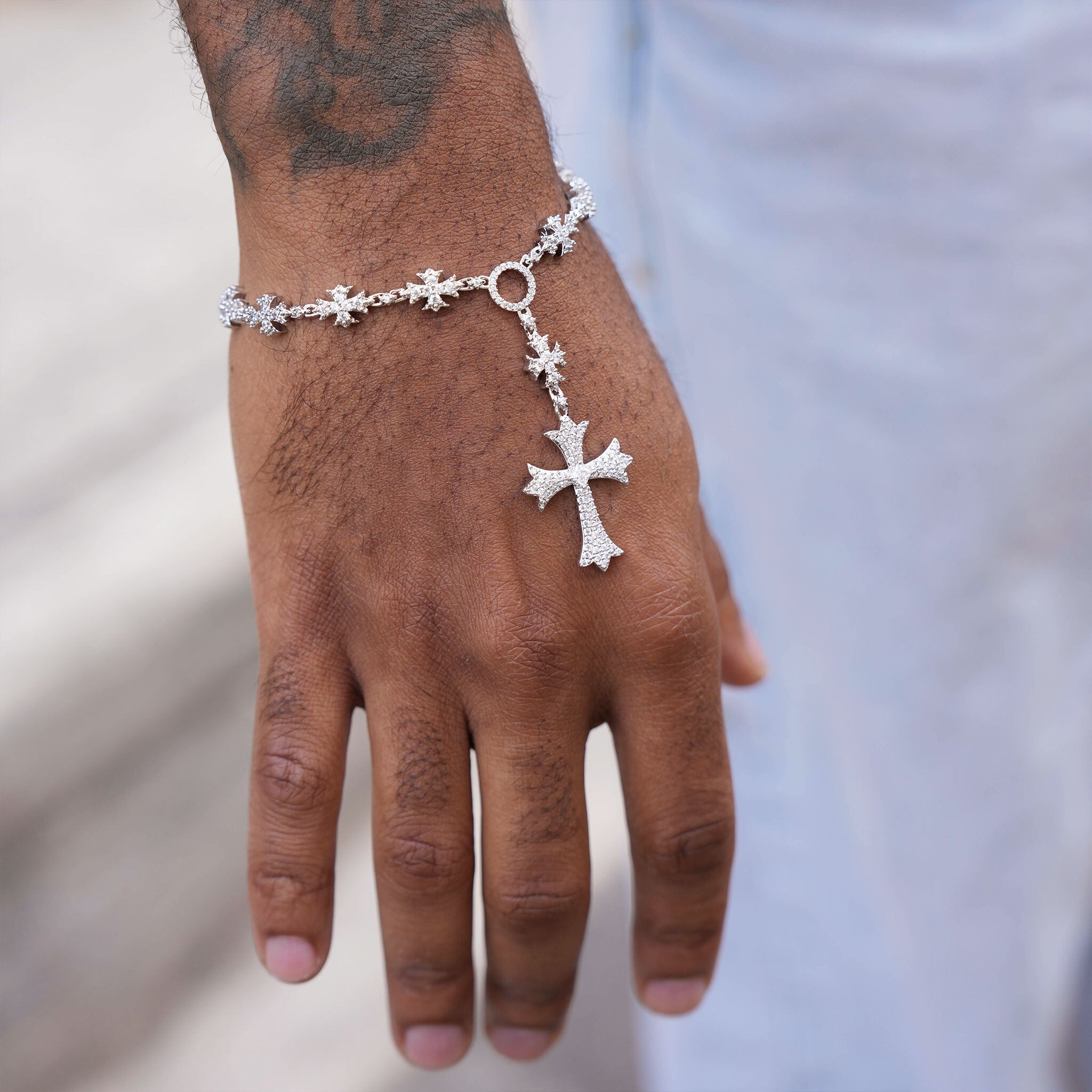 Iced Flared Cross Rosary Bracelet in White Gold- The GLD Shop