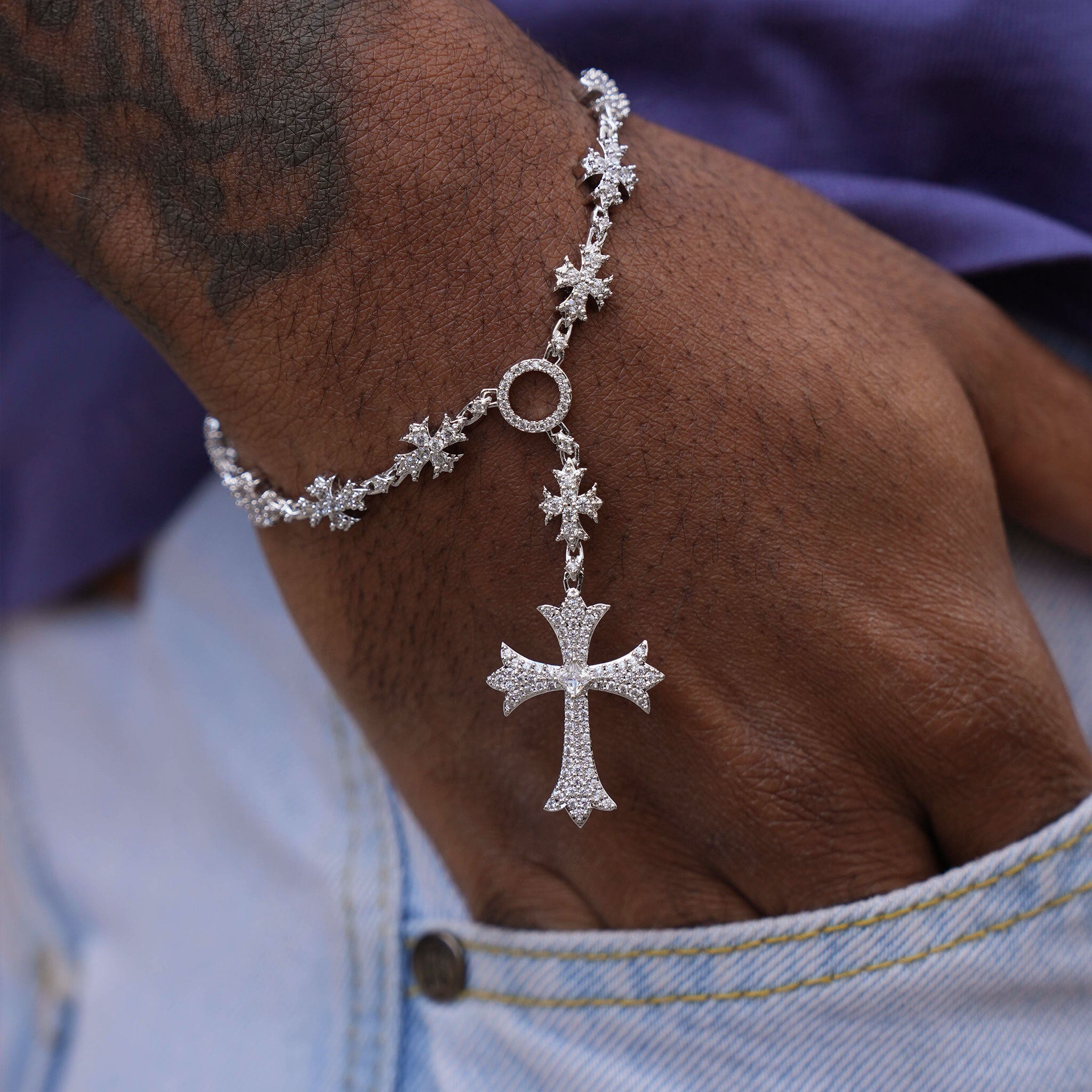 Iced Flared Cross Rosary Bracelet in White Gold- The GLD Shop