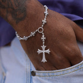 Iced Flared Cross Rosary Bracelet in White Gold