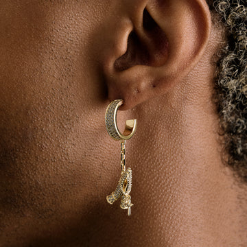 Iced Hanging Praying Hands Hoop Earring in Yellow Gold