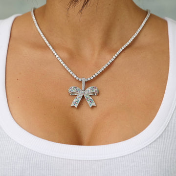Iced Multicolor Bow Pendant in White Gold