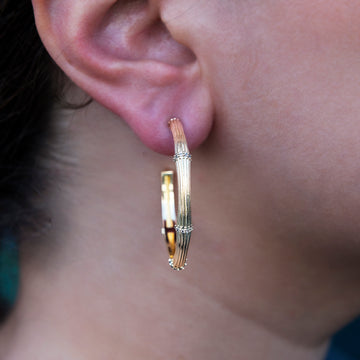 Pendientes de aro de bambú texturizado helado en oro amarillo