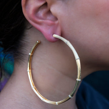 Iced Textured Bamboo Hoop Earrings in Yellow Gold