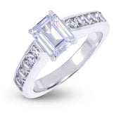 Emerald Cut Stone Thick Lab Diamond Engagement Ring in Solid White Gold