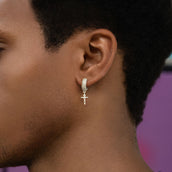 Micro Huggie Hanging Crucifix Hoop Earring in White Gold