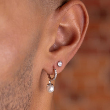 Pendientes de aro extrapequeños Pave con perla colgante en oro blanco