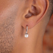 Pave Huggie Pearl Drop Earrings in White Gold