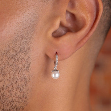 Pave Extra Small Huggie Hoop Pearl Drop Earrings in White Gold