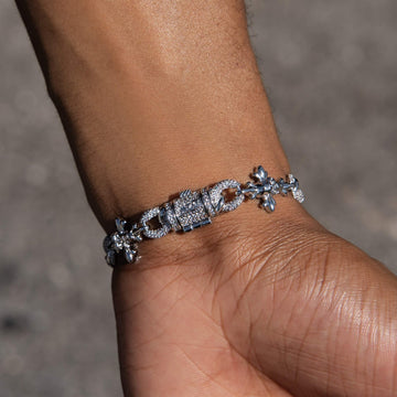 Iced Cruciform Flower Skull Cross Bracelet in White Gold
