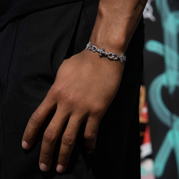 Iced Cruciform Flower Skull Cross Bracelet in White Gold