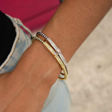 Iced Heart Pink Bar Beaded Cuff Bracelet in White Gold