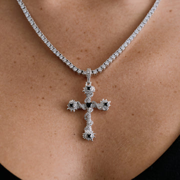 Iced Black Spike Cross Pendant in White Gold