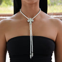 Iced Cross Pearl Bolo Chain Necklace in White Gold