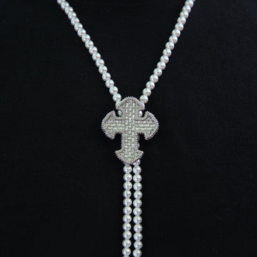 Iced Cross Pearl Bolo Chain in White Gold