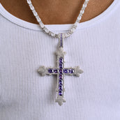 Large Iced Purple Baguette Cross Pendant in White Gold