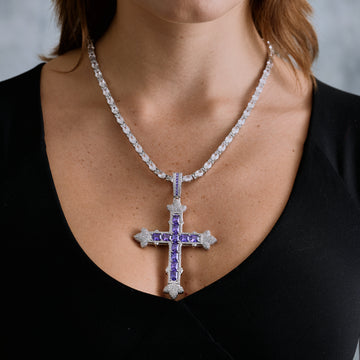 Large Iced Purple Baguette Cross Pendant in White Gold