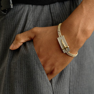 Iced Crucifix Plate Bracelet in Yellow Gold