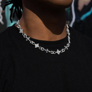 Iced Cruciform Flower Skull Cross Chain in White Gold