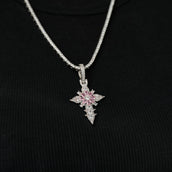 Iced Pink Flower Cross Pendant in White Gold