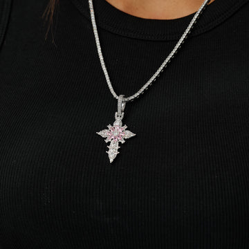 Iced Pink Flower Cross Pendant in White Gold
