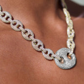 Iced Two Tone Large Link Puffed Mariner Necklace in Yellow & White Gold - 15mm