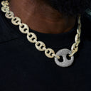 Iced Two Tone Large Link Puffed Mariner Necklace in Yellow & White Gold - 15mm