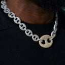 Iced Two Tone Large Link Puffed Mariner Chain in White & Yellow Gold - 15mm