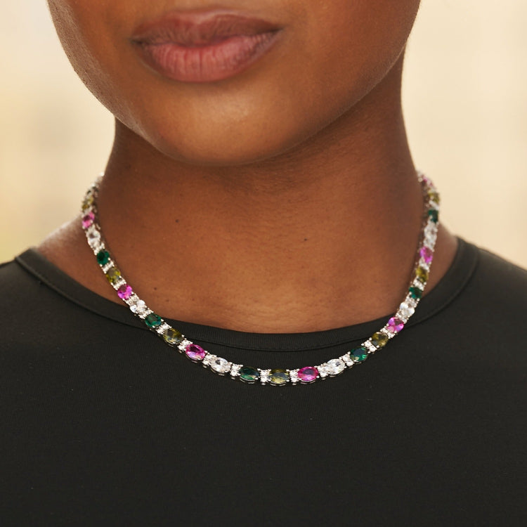 Multicolor Mixed Oval Cut Tennis Necklace- 5mm- The GLD Shop