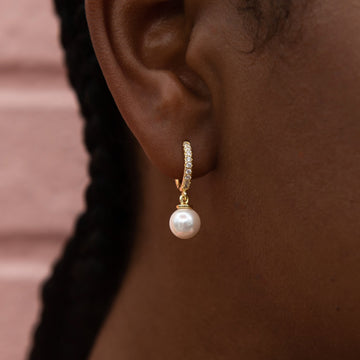 Pave Huggie Pearl Drop Earrings in Yellow Gold