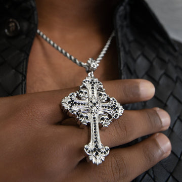 Medieval Cross Black Stones Pendant in White Gold