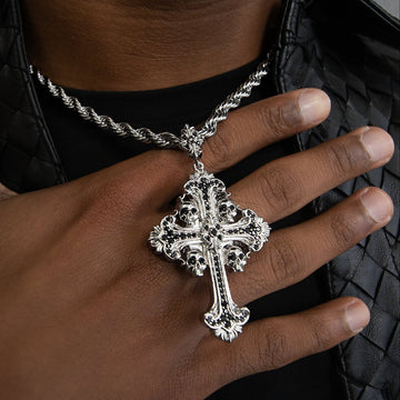 Medieval Cross Black Stones Pendant in White Gold