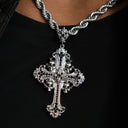 Medieval Cross Black Stones Pendant in White Gold