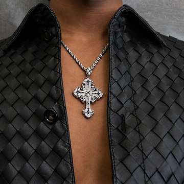Medieval Cross Black Stones Pendant in White Gold