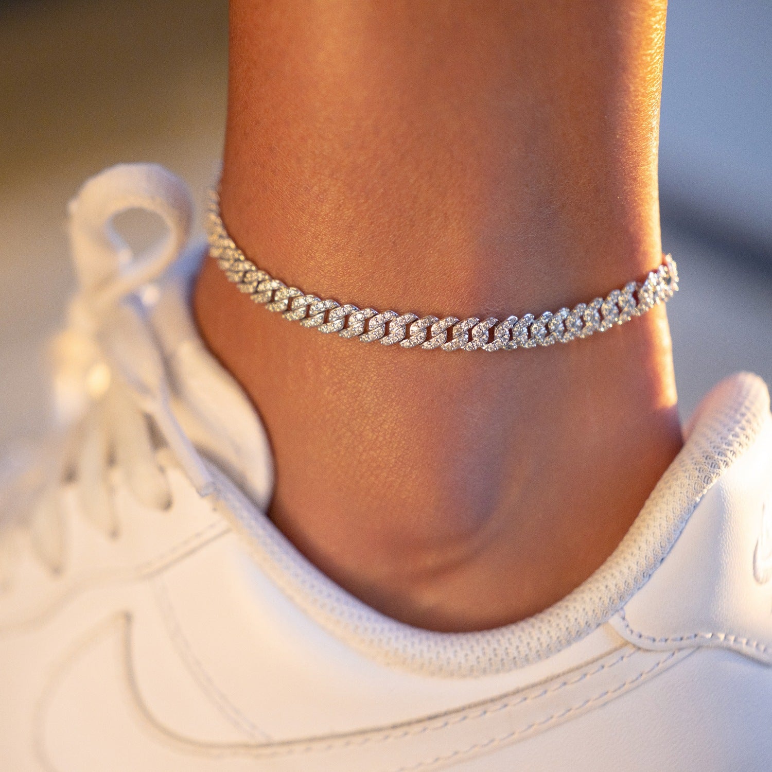 【les bon bon】swing anklet white gold K10 Micro Diamond Prong Cuban Anklet in White Gold - 6mm- The GLD Shop