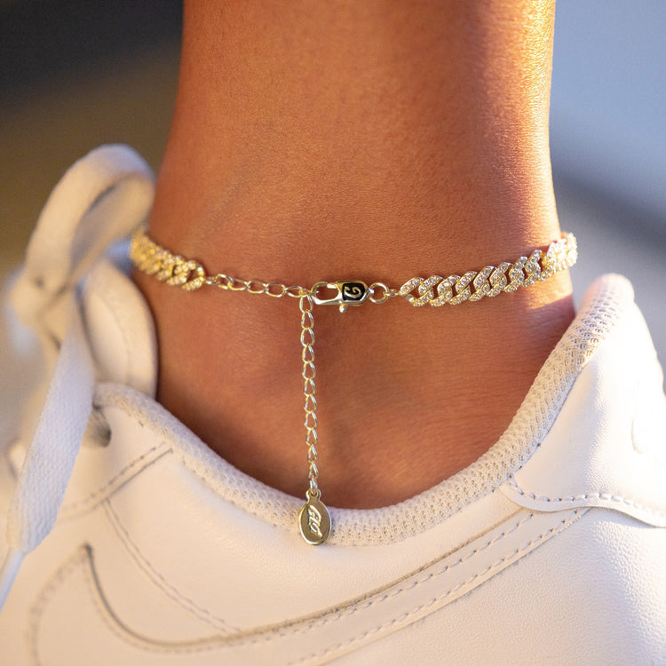 Micro Diamond Prong Cuban Anklet in Yellow Gold - 6mm