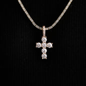 Micro Iced Round Cross Pendant in Rose Gold