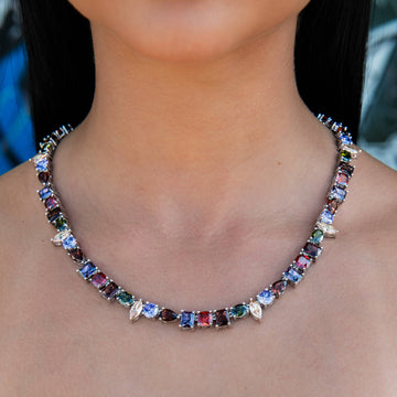 Collar de Piedra Multicolor Naranja Flotante en Oro Blanco