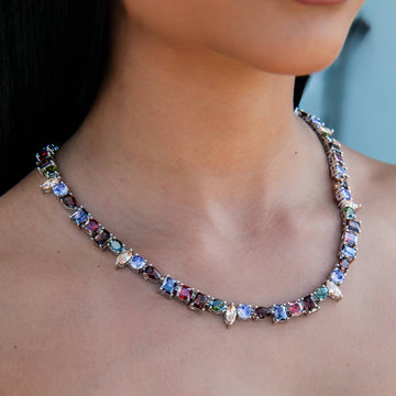 Collar de Piedra Multicolor Naranja Flotante en Oro Blanco
