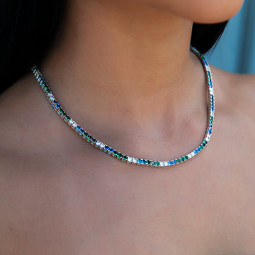 3MM Diamond Tennis Necklace - Green Royal Blue White