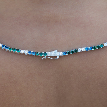 3MM Diamond Tennis Necklace - Green Royal Blue White