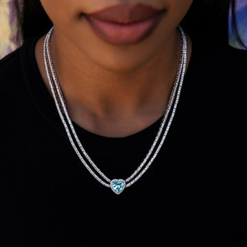 Collar de tenis de doble fila con diamantes Corazón Azul - Oro blanco