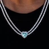 Blue Heart Diamond Double Row Tennis Necklace - White Gold