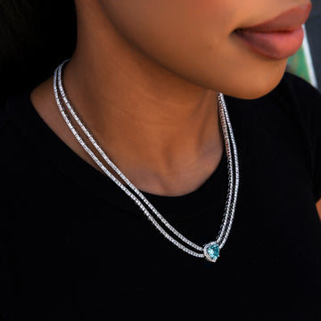 Collar de tenis de doble fila con diamantes Corazón Azul - Oro blanco