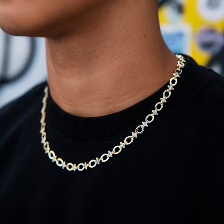 Iced Star Cable Link Chain - Yellow Gold