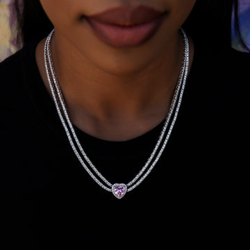 Pink Heart Diamond Double Row Tennis Necklace in White Gold