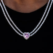 Pink Heart Diamond Double Row Tennis Necklace in White Gold